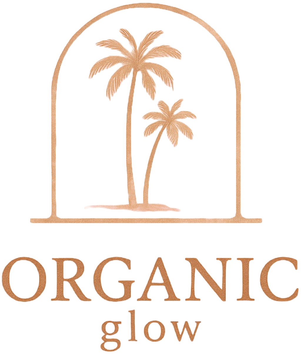 Logo with palm trees and the text 'ORGANIC glow' on a white background