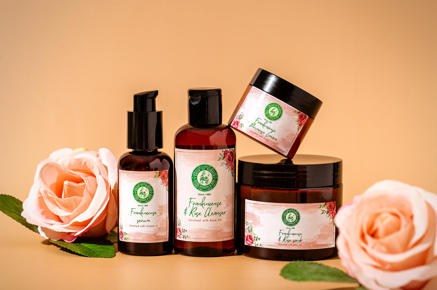 Cosmetic products with floral design labels on a beige background