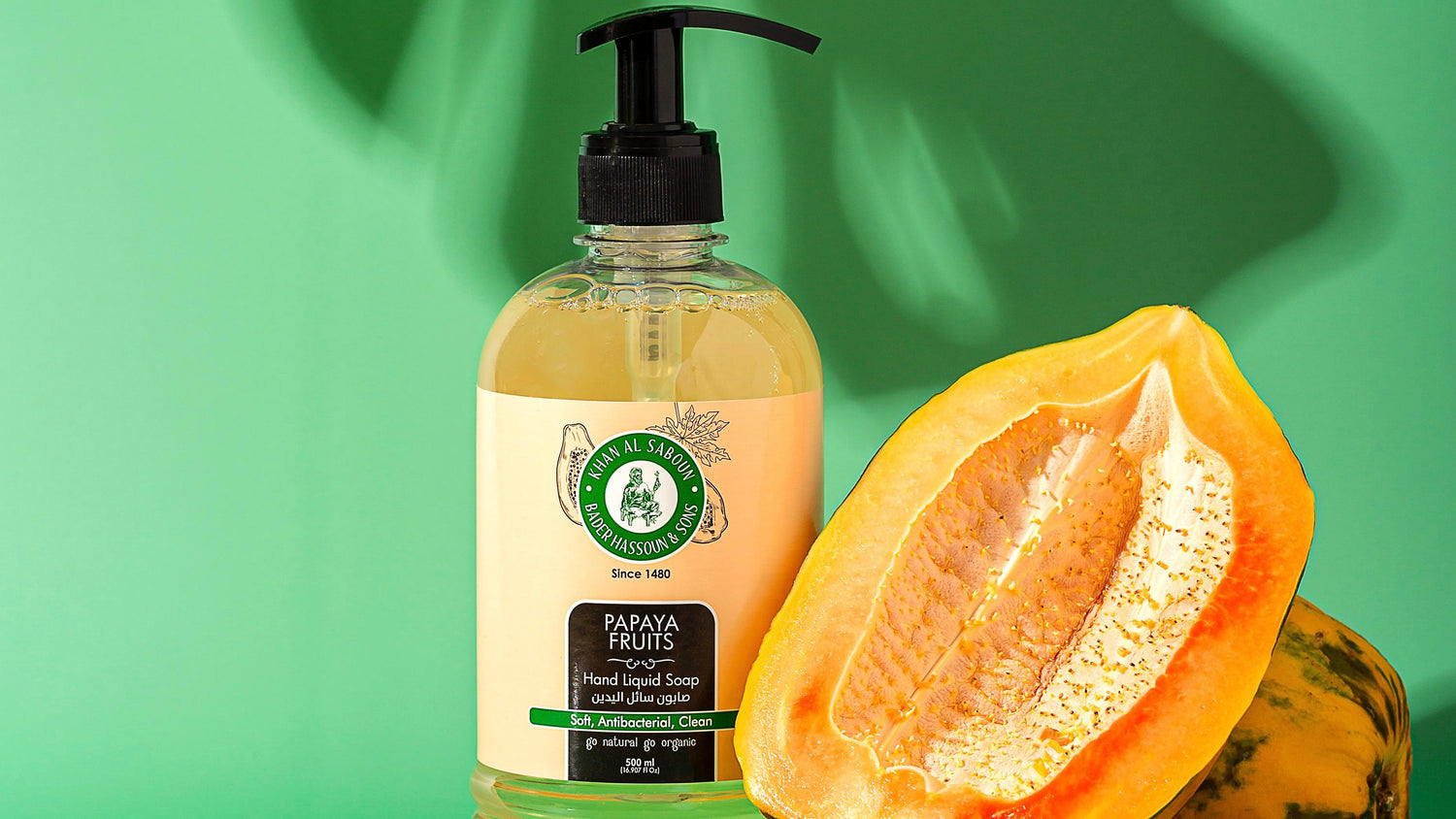 Hand soap bottle with a pump next to a halved papaya on a green background